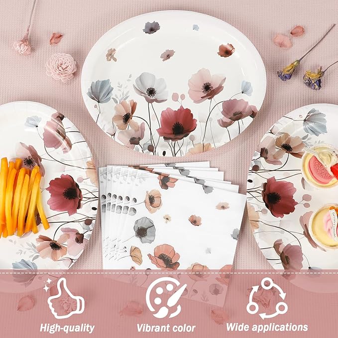 Fall Brown Poppy Floral Leaves Party Supplies Oval Paper Plates 11inch Large Seasonal Autumn Plates and Napkins Watercolor Floral Leaf Party Decoration Favor Dish Tray Birthday Tableware, 25 Guest