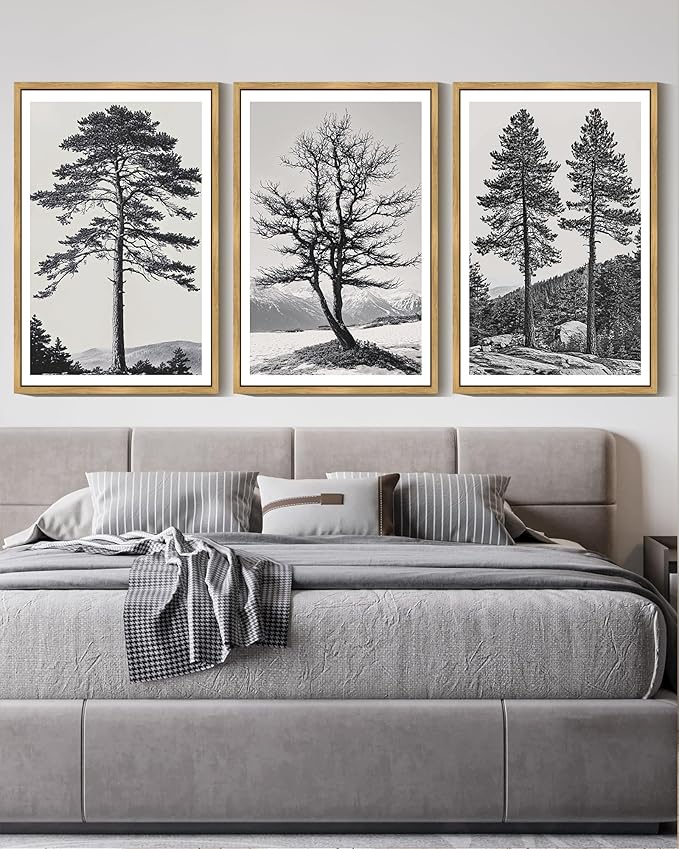 KUVIOKE Vintage Black Gray Forest Wall Art Framed Antique Retro Tree Prints Modern Rustic Artwork Bedroom Living Room Ready to Hang 16x24in (Natural Framed)