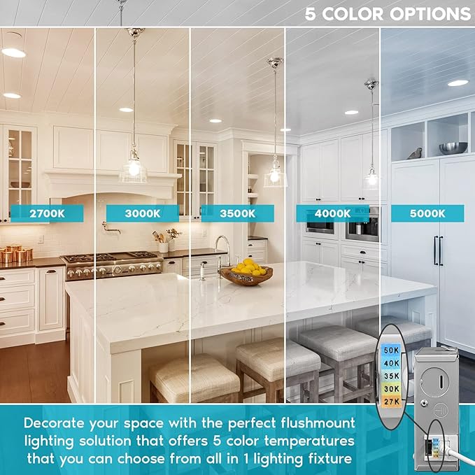 LUXRITE 6 Inch Ultra Thin LED Recessed Light with J-Box, 15W, 5 Color Selectable 2700K-5000K, 1400 Lumens, Dimmable LED Wafer Lights, High Output, Wet Rated, IC Rated, Energy Star (4 Pack)