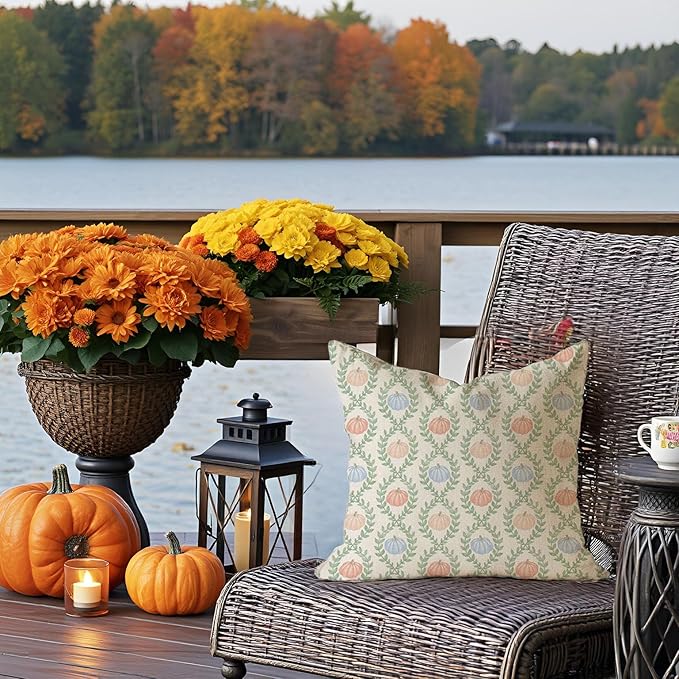 Fall Decorative Throw Pillow Covers 18x18 Inch Set of 2 Blue Orange Pumpkin Green Scalloped Pastel Outdoor Cottage Autumn Decor Pillows Cases Grandmillennial Decorations for Home Room Couch