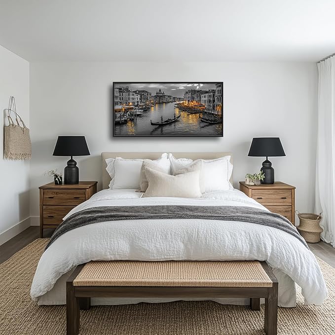 Olivine Italy Large Wall Art, Venice City Pictures Wall Decor, Black and White Painting, Cityscape Canvas Prints, Framed Artwork for Dining Room Living Room Bedroom Bathroom Office Home Decor 60"x30"