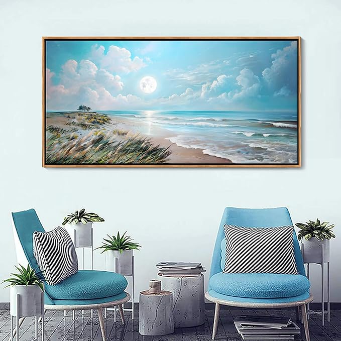 YCPRIMER Large Beach Wall Art,Coast Canvas Wall Decor Blue Ocean Pictures,Framed Artwork paintings for Living Bedroom Bathroom Decoration Ready to Hang Size 29×58Inch