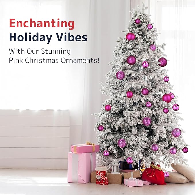 PREXTEX Pink Christmas Ornaments - 36-Piece Shatterproof Pink Christmas Tree Balls Set with Hanging Loops for Xmas Decorations - Durable Fuschia Holiday Balls in Matte, Shiny, Glitter and Disco