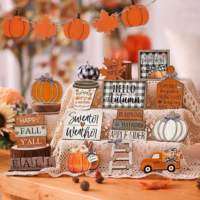 21 Pcs Fall Tiered Tray Decoration Set Thanksgiving Table Sign Pumpkins Farmhouse Gnome Maple Leaves Centerpieces Harvest Wood Blocks Signs Fall Block Tabletop for Autumn