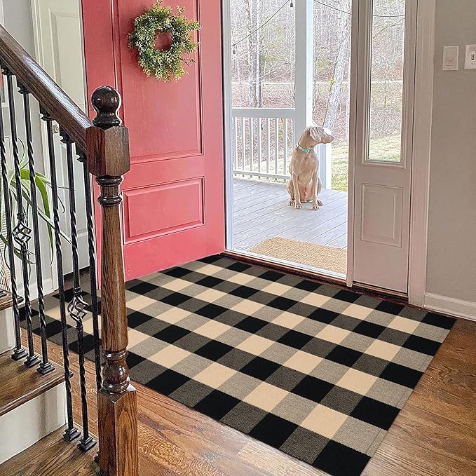 KOZYFLY Buffalo Plaid Area Rugs 3x5 Ft Brown and Black Checkered Rug Washable Front Door Mat Hand Woven Cotton Outdoor Rugs Large Rug for Front Porch Kitchen Entryway Patio Bathroom