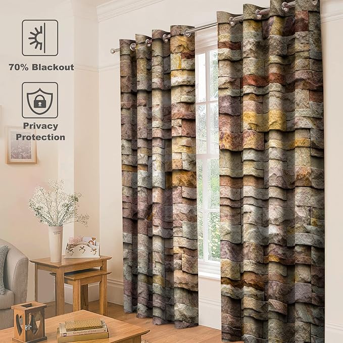 Jekeno Retro Brick Marble Blackout Curtains Colorful Brick Slate Stone Wall Rocks Featured Facade Design Home Bedroom Living Room Decor Brown Grommet Window Drapes 2 Panel Set, 52"x84"