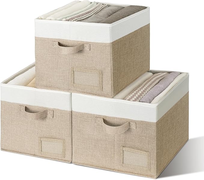GRANNY SAYS Closet Storage Baskets for Shelves, Large Fabric Storage Bins, Collapsible Clothing Storage and Organization, Decorative Storage Bins, Khaki&Ivory, Extra Large, 3-Pack