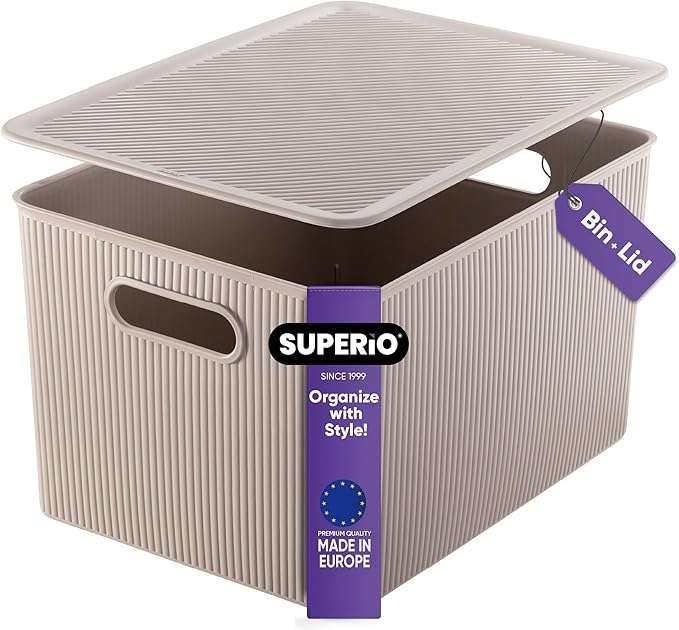 Superio Ribbed Collection - Decorative Plastic Lidded Home Storage Bins Organizer Baskets, X-Large Taupe (1 Pack - 22 Liter) Stackable Container Box, for Organizing Closet Shelves Drawer Shelf