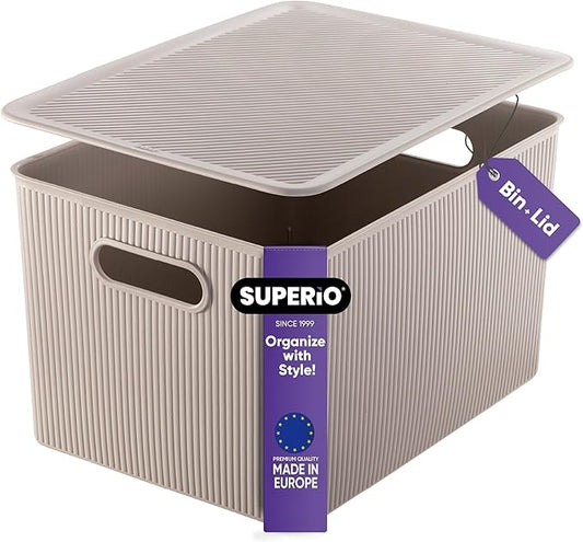 Superio Ribbed Collection - Decorative Plastic Lidded Home Storage Bins Organizer Baskets, X-Large Taupe (1 Pack - 22 Liter) Stackable Container Box, for Organizing Closet Shelves Drawer Shelf