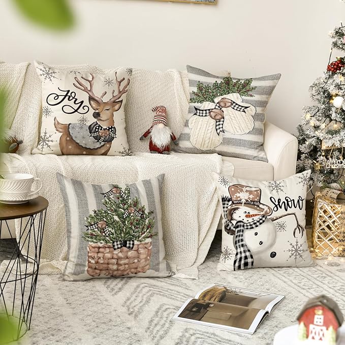 AVOIN colorlife Christmas Snowman Reindeer Gloves Eucalyptus Throw Pillow Covers, 20 x 20 Inch Winter Holiday Stripes Cushion Case Decoration for Sofa Couch Set of 4