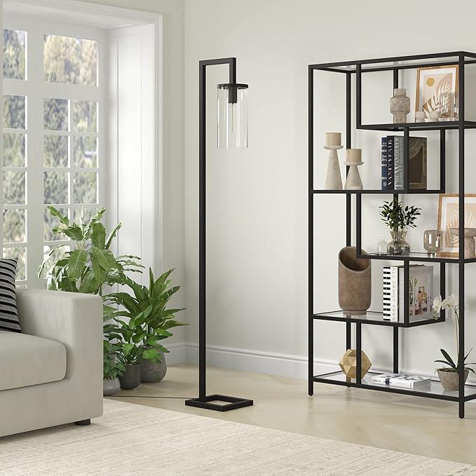 Henn&Hart 67.75" Tall Floor Lamp with Glass Shade in Blackened Bronze/Clear, Floor Lamp for Home Office, Bedroom, Living Room