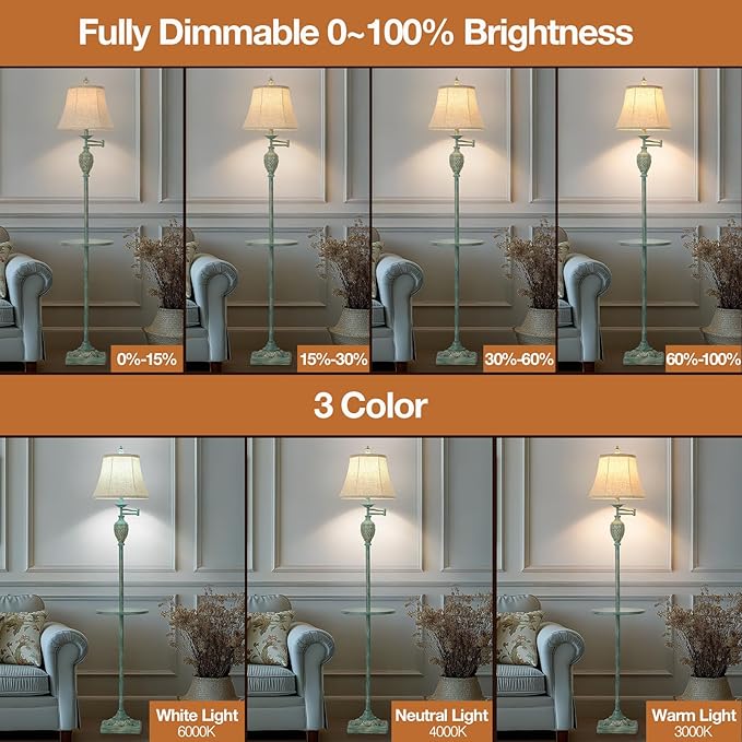 Traditional LED Floor Lamp with 350° Adjustable Swing Arm Lamp – Vintage Standing Pole lamp for Living Room, Bedroom and Office – Rustic Upright Floor Light for Home Décor with Silk Fabric Shade