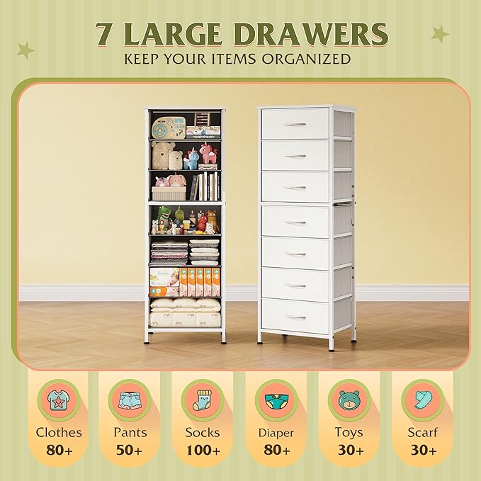 WLIVE White Tall Dresser for Bedroom, 7 Drawer Dressers & Chests of Drawers, Fabric Dresser for Closet, Living Room, Night Stand with Metal Frame, Storage Tower with Fabric Bins, Wood Top