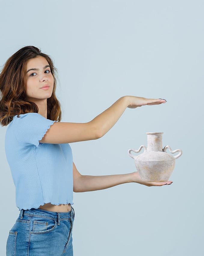 7.5 in Rustic Ceramic Farmhouse Vase with 2 Handles,Glazed Beige and Yellow Vintage Pottery Jar with Black Distressed Eroded Texture Finish,Boho for Home Decor,Tabletop,Mantel,or Living Room