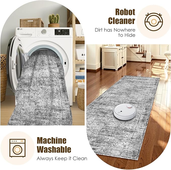 Washable Area Rug 2'6'' x 8' Vintage Traditional Persian Mat - Foldable Distressed Non-Slip Machine Washable Carpet for Living Room Bedroom Kitchen Home Decor - Graphite and Mist