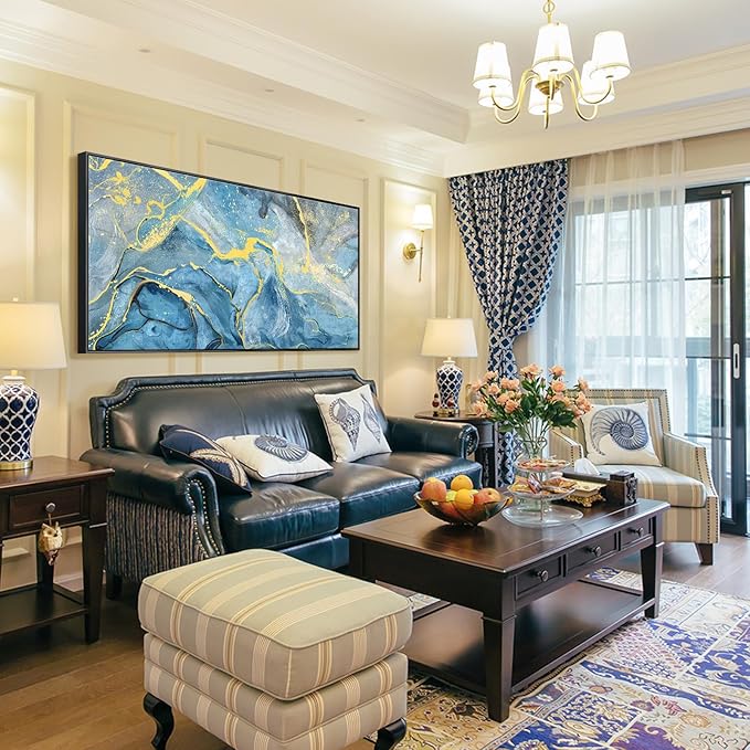 Large Black Framed Wall Art for Living Room Blue Abstract Seascape Canvas Print Modern Ocean Beach Theme Coastal Landscape Fluid Texture Painting Seaside Artwork Office Decor 30x60inch