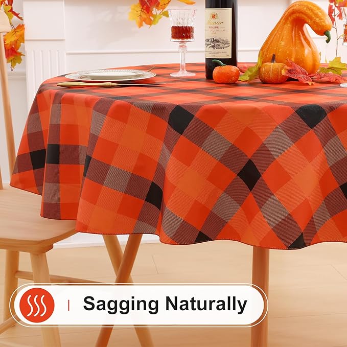 misaya Round Waterproof Vinyl Table Cloth, Buffalo Flannel Backed Tablecloth, Wipeable Plastic Table Cover for Fall, Halloween (60", Black and Orange and Yellow)