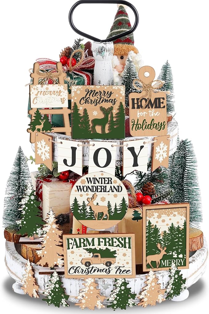 17 Pcs Christmas Tiered Tray Decor Set Winter Tiered Tray Decorations Farmhouse Tabletop Centerpiece Christmas Wooden 3D Sign for Xmas Home Buffalo Plaid Rustic Table Decoration(Forest)
