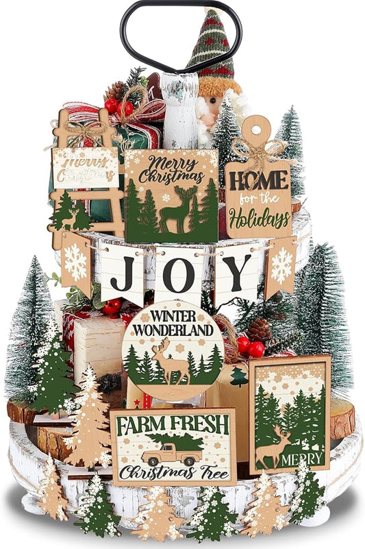 17 Pcs Christmas Tiered Tray Decor Set Winter Tiered Tray Decorations Farmhouse Tabletop Centerpiece Christmas Wooden 3D Sign for Xmas Home Buffalo Plaid Rustic Table Decoration(Forest)