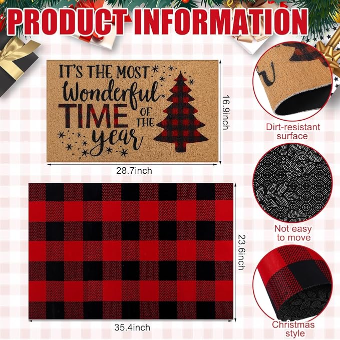 2 Pcs Christmas Tree Door Mat Welcome Non Slip Coir Mats Merry Xmas Black Red Buffalo Plaid Floor Layering Doormats Seasonal for Front Porch Entryway Decor(Christmas Tree)