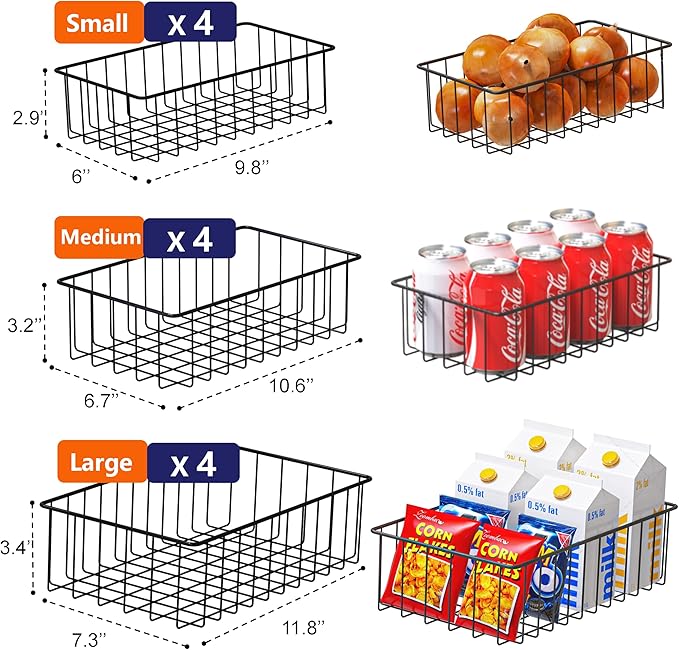 Joben Oligey 12 PACK (3 Szie) Small Wire Storage Baskets for Organizing,Pantry Organization Bins for Cabinets, Metal Basket for Kitchen, Bathroom Organizer (Black)