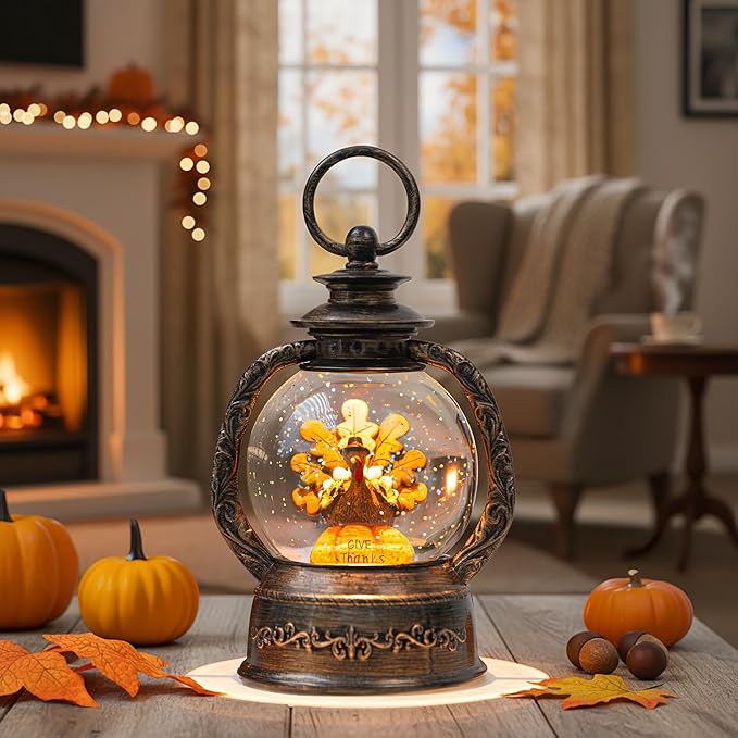 Fall Snow Globe Lantern -Thanksgiving Turkey with Pumpkin Spinning Water Lantern with Swirling Glitter Fall Decorations for Home, Autumn Harvest Fall Decor