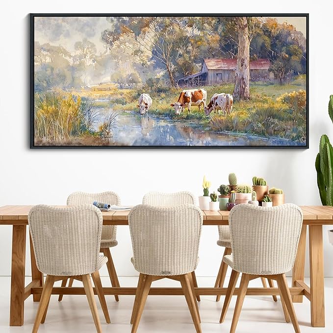 JEAWA Large Framed Canvas Painting - Watercolor Landscape Wall Decor, Country Picture with Wooden House and Green Trees, Cow Art Prints for Bedroom Living Room Home Decoration, 29x58 IN