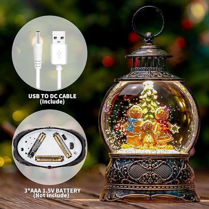 Christmas Snow Globe Lighted Gingerbread Man Family Scene, Musical Snow Water Lantern Swirling Glittering Home Decoration and Gift, Battery Operated or USB Powered