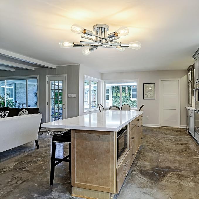 ASGYISA 6-Lights Semi Flush Mount Ceiling Light Fixture Modern Chrome Matte Sputnik Chandelier Farmhouse Ceiling Lighting for Kitchen Bedroom Dining Room Living Room