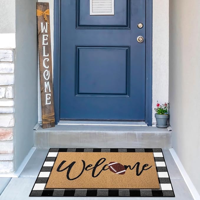 2 Pcs Football Door Mat Welcome Non Slip Coir Mats Funny Black White Buffalo Plaid Floor Layering Doormats Seasonal for Front Porch Entryway Decor(Football)
