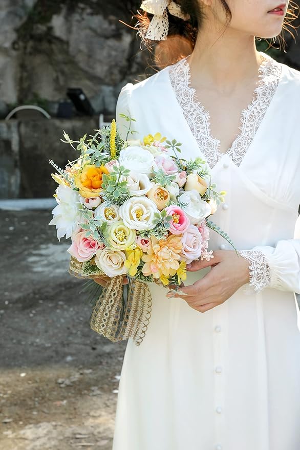 Serra Flora Artificial Wedding Flowers Bouquets Centerpieces Faux Flowers Combo for Fake Flowers with Leaves DIY Floral Arrangements Bridal Baby Shower Home Decor