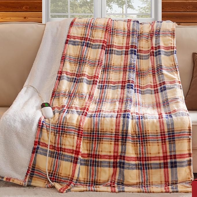 Heated Blanket Electric, Twin Size 62X84, Heating Blanket with 10 Heating Levels & 8 Hours Auto Off, Checkered Plaid Sherpa Blankets Warmer for Adults, Fast Heating and Washable, ETL & FCC, in Brown
