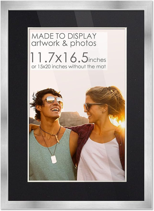 A3 11.7x16.5 Frame Silver Wood with Black Mat | 15x20 Frame Matted to 11.7x16.5 | Display Your Poster Under UV Acrylic Shatter Guard Front, with Foam Board Backing and Wall Hanging Hardware - Wood