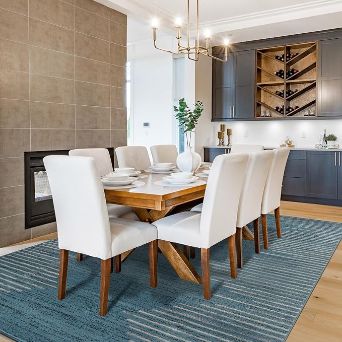 Rugshop Bohemian Stripe Stain Resistant High Traffic Living Room Kitchen Bedroom Dining Home Office Area Rug 7'10" x 10' Blue