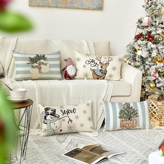 AVOIN colorlife Christmas Snowman Reindeer Gloves Eucalyptus Blue Throw Pillow Covers, 12 x 20 Inch Winter Holiday Stripes Cushion Case Decoration for Sofa Couch Set of 4