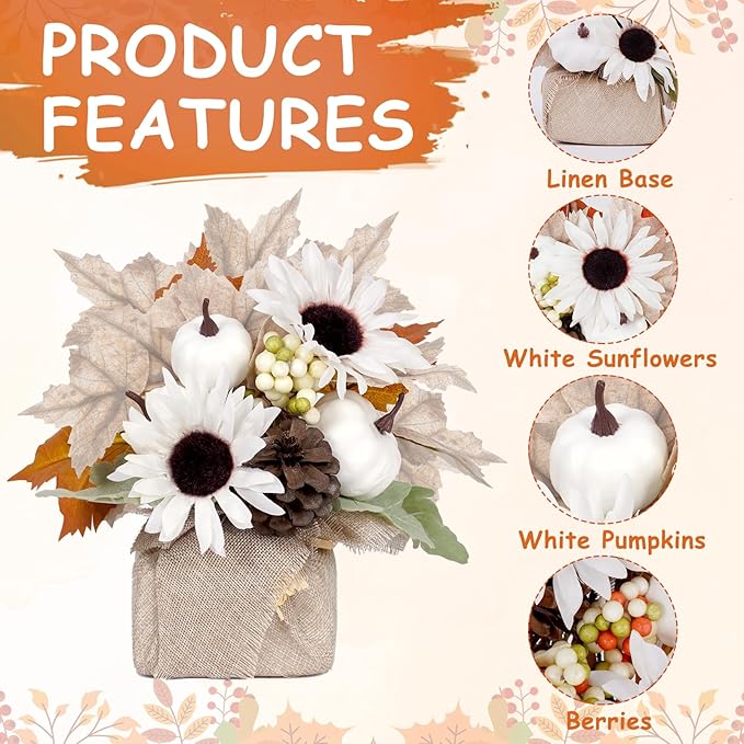 Fall Decor, Fall Decorations for Home，2Pcs Artificial Fall Flowers with Burlap Base, Fall Leaves Sunflower Decor Fall Leaves, Thanksgiving Decorations, Fall Centerpieces for Tables (White)