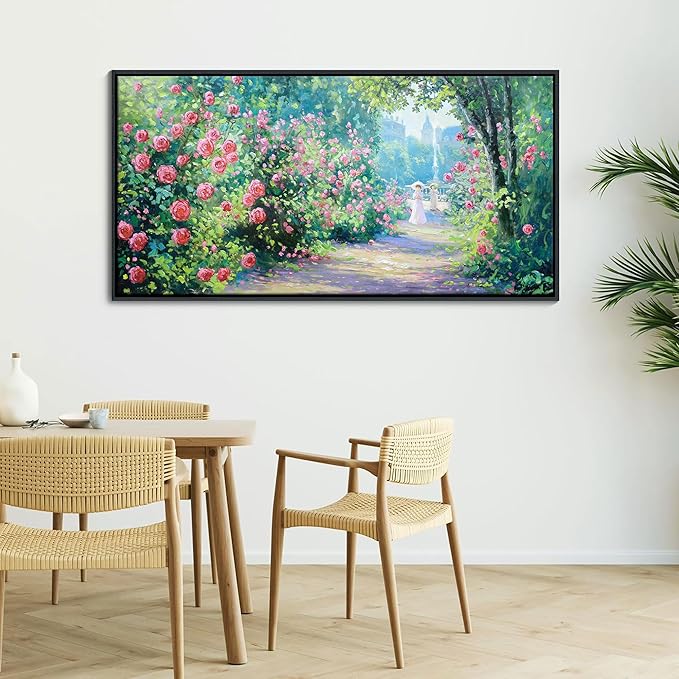 CHATYOUNG Framed Canvas Wall Art, Large Landscape Wall Painting 24"X48" Blooming Roses Spring Wall Art Green Plant Pictures for Living Room Bedroom Kitchen Home Decor Gifts for Women