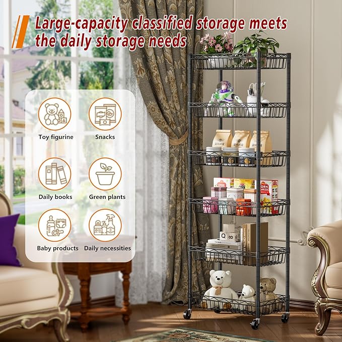 6 Tier Basket Shelf Wire Shelving Unit Adjustable Storage Shelves Big Basket Rack for Garage Kitchen Office Pantry Corner 17.2" Dx12.2 Wx63 H Black
