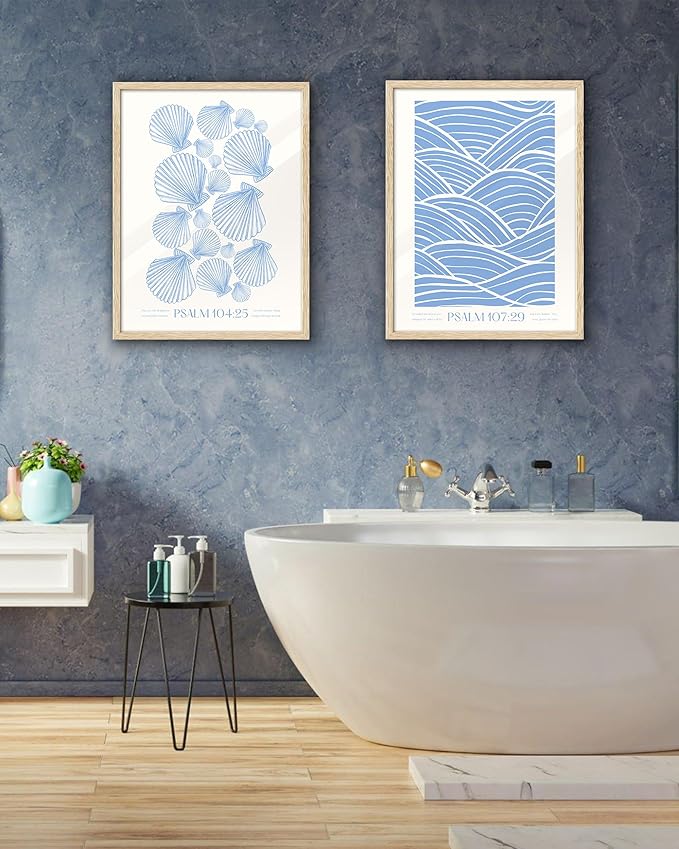 EcoHest Christian Bible Verse Framed Wall Art, 12x16 in OAK Wood Trendy Seashell Nautical Scripture Quote Canvas Wall Art, Psalm 104:25 Home Decor, Beige Logs Set of 1 for Bedroom Living Room