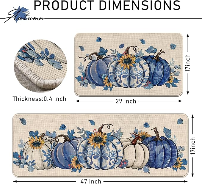 Fall Blue and White Porcelain Pumpkin Kitchen Rugs Set of 2, Autumn Sunflower Kitchen Mats Decor, Thanksgiving Seasonal Floor Door Mat Home Decorations - 17x29 and 17x47 Inch
