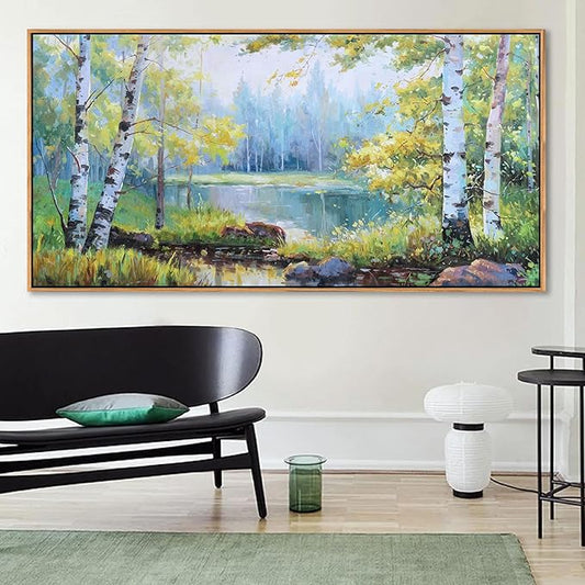 YCPRIMER Large Forest Wall Art Green Trees Picture for Living Room Landscape Birch Tree Painting Home Bedroom Decoration Green and White Framed Artwork Decor 29×58IN