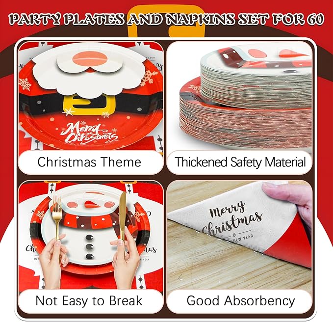 180Pcs Christmas Party Supplies Paper Plates and Napkins Serve 60 Disposable Tableware Set for Birthday Party Decorations Game Day Family School Holiday Sports Events