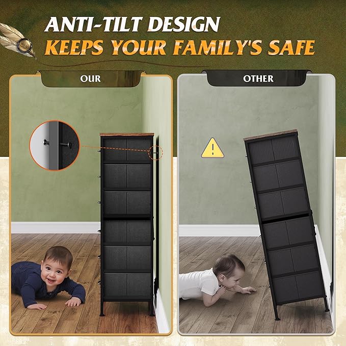 WLIVE Tall Dresser for Bedroom, 6 Drawer Dressers & Chests of Drawers, Fabric Dresser for Closet, Living Room, Night Stand with Metal Frame, Storage Tower with Fabric Bins, Wood Top, Floral Painted