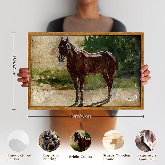 crmotu Framed Canvas Wall Art, Brown Horse Vintage Decor Painting, Classical Animal Art Prints Office Decorations, Still Life Aesthetic Wall Pictures for Living Room Bedroom Kitchen Gallery 16x24in