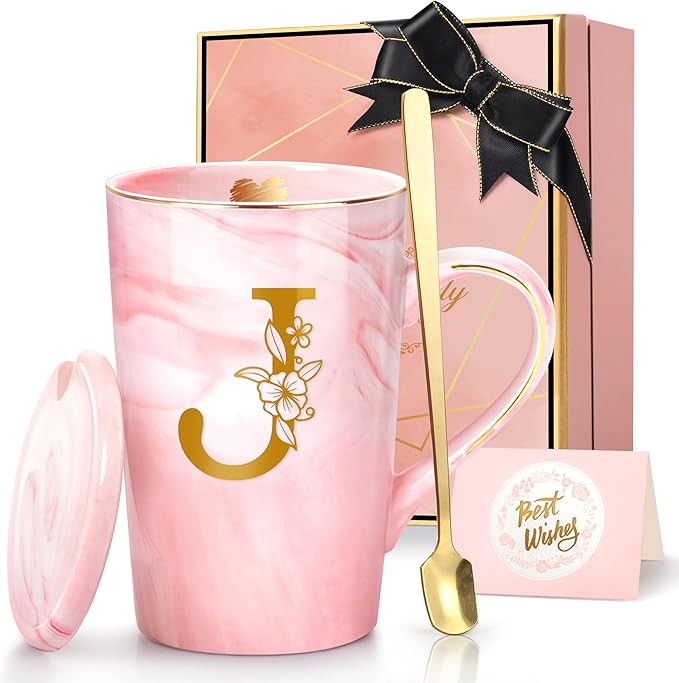 Coffee Mugs - Personalized Gifts for Women, Initial Customized Gift Ceramic Marble Cups 14 Oz Pink, Luxury Birthday Christmas Mother's Day Gift for Her Mom Grandma Girlfriend Friend Unique,J