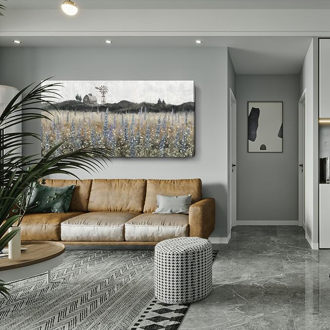 Large Canvas Wall Art for Living Room Rustic Countryside Scenery Vintage Farmhouse Print Painting Nature Wilderness Landscape Wildflower Field Meadow Picture Classical Framed Artwork 30x60inch