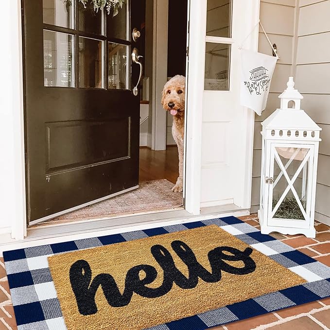 KOZYFLY Buffalo Plaid Area Rugs 27.5x43 Inches Navy and White Checkered Rug Washable Front Door Mat Hand Woven Cotton Outdoor Rug Small Rug for Front Porch Kitchen Entryway Patio Bathroom
