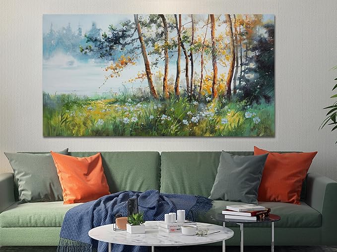 Ardemy Tree Wall Art Canvas for Living Room Landscape Textured Green Forest Painting Nature Flower Picture Bedroom Teal Scenery Artwork Framed Kitchen Home Office Wall Decor, Extra Large 58"x29"
