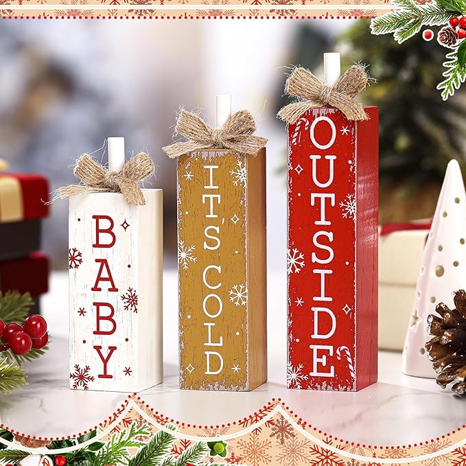 3 Pcs Winter Tiered Tray Decor Christmas Tabletop Decor Rustic Farmhouse Wooden Table Block Sign and Centerpieces It's Cold Outside Sign for Winter Wonderland Decorations Xmas Home Shelf