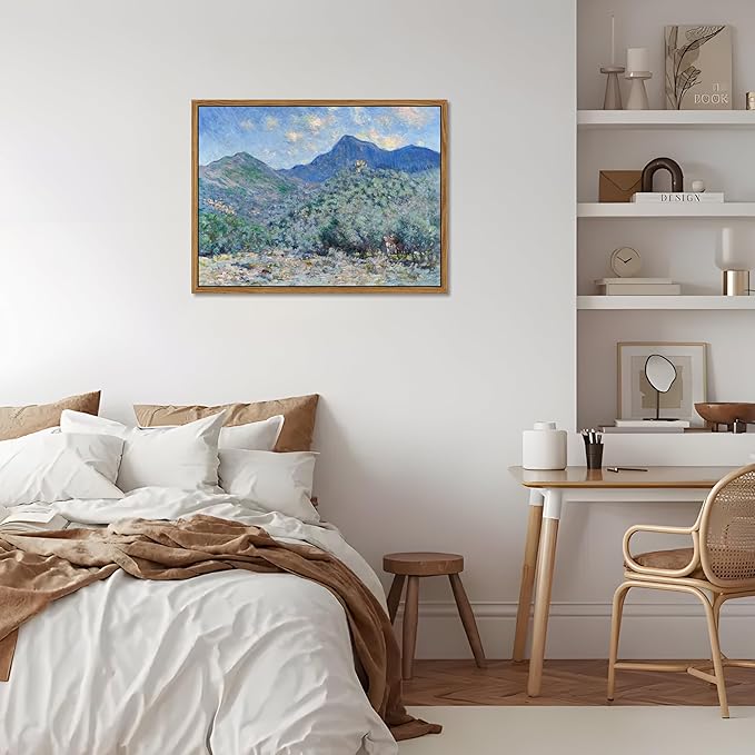 Vintage Framed Monet Wall Art – Impressionist Blue Green Forest Oil Painting Canvas Prints – Tranquil Nature Hillside Landscape Aesthetic Wall Decor for Living Room Bedroom Bathroom – 12"x16"